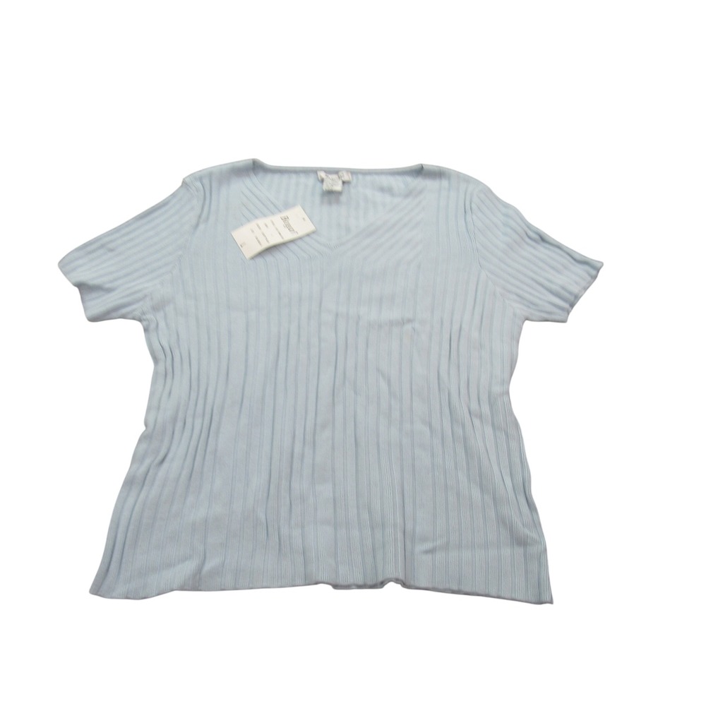 Bogart Women's  V Neck Ribbed Knit Short Sleeve Top ‎ Size L Dusty Blue Casual